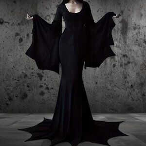 Women Costumes for Morticia Long Black Gothic Bat Sleeve Dress Costumes Maxi